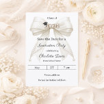 Ivory bow pearls elegant girl Graduation party Save The Date<br><div class="desc">Announce your milestone with this Coquette Graduation Save the Date. The design features a lush ivory bow embellished with delicate pearl strands and a classic mortarboard icon. Perfect for the stylish senior girl looking to share her portrait with family and friends.</div>