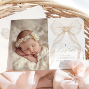 Ivory Bow Pearls Elegant photo Baptism Invitation