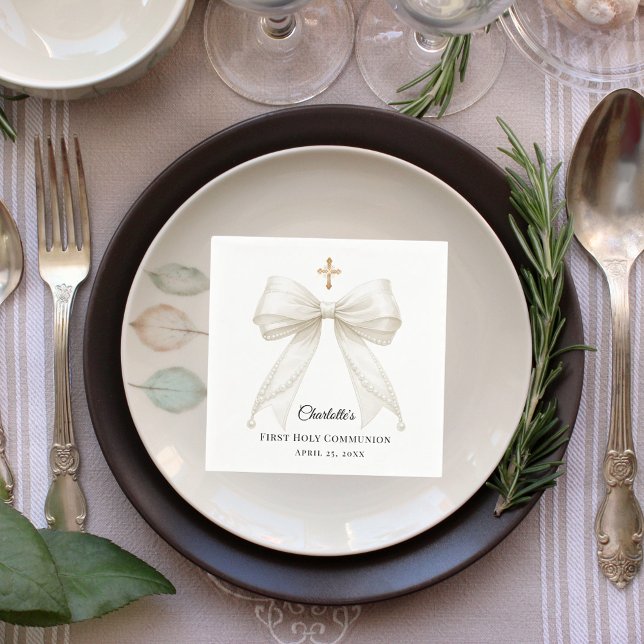 Ivory bow pearls First Holy Communion Napkin (Creator Uploaded)