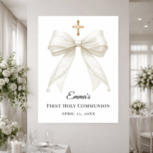 Ivory bow pearls First Holy Communion welcome Poster