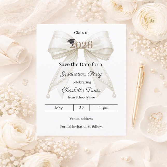 Ivory bow pearls Graduation party Save the Date (Creator Uploaded)