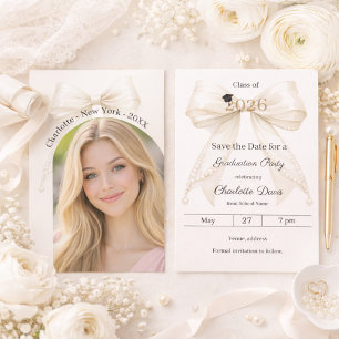 Ivory bow pearls photo arch Graduation party Save The Date