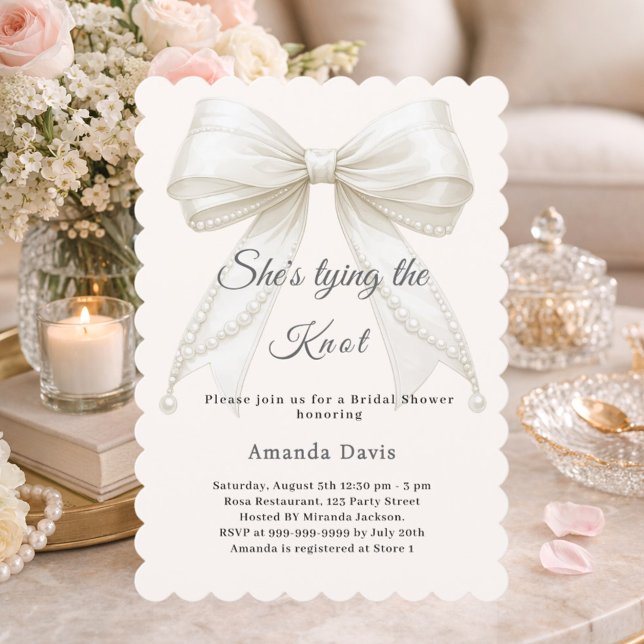 Ivory bow pearls tying the knot Bridal Shower Invitation (Creator Uploaded)