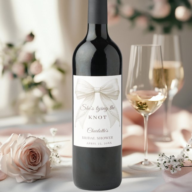 Ivory bow pearls tying the knot Bridal Shower Wine Label (Creator Uploaded)
