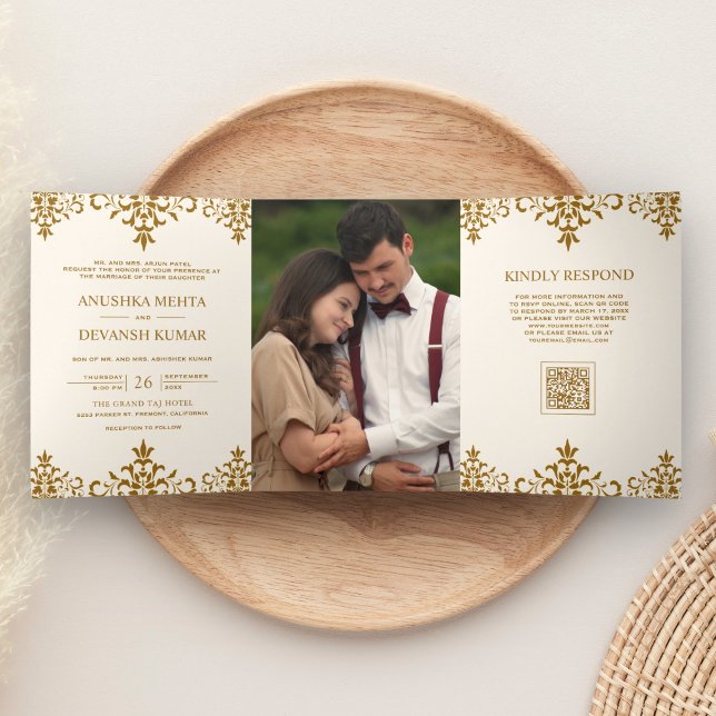 Ivory Brown Damask Ethnic QR Code Indian Wedding Tri-Fold Invitation (Creator Uploaded)