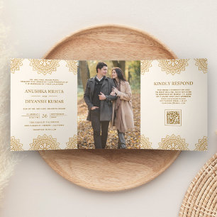 Ivory Brown Mandala Ethnic QR Code Indian Wedding Tri-Fold Invitation