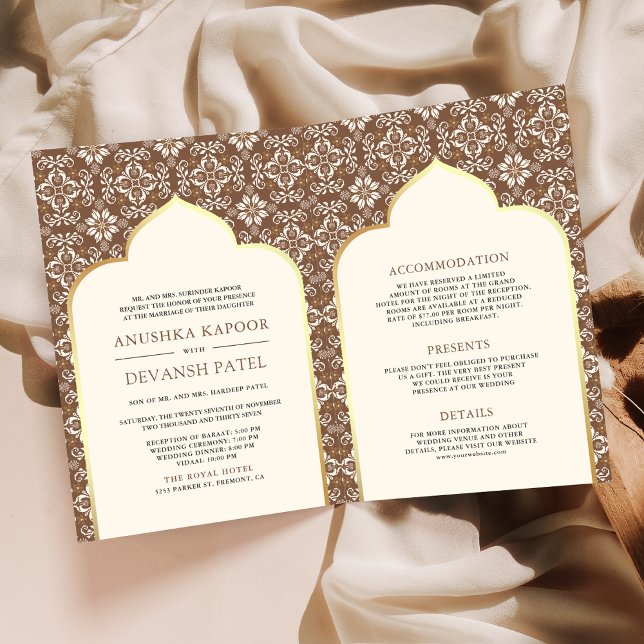 Ivory Brown Pattern All in One Indian Wedding Invitation (Creator Uploaded)