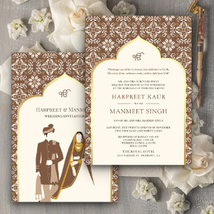 Ivory Brown Pattern Anand Karaj Sikh Wedding Invitation