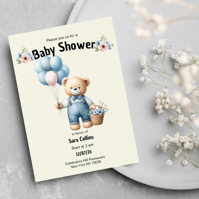 Ivory brown teddy bear balloons flower Baby Shower Invitation (Ivory brown teddy bear balloons flower Baby Shower)