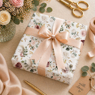 Ivory & Burgundy Floral Fall Bridal Shower Wrapping Paper