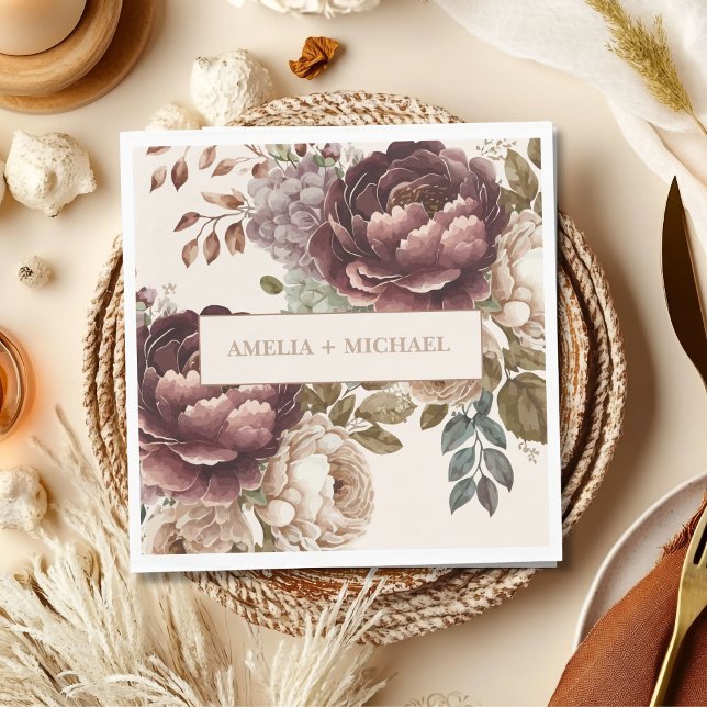 Ivory burgundy floral fall winter wedding napkin (Creator Uploaded)