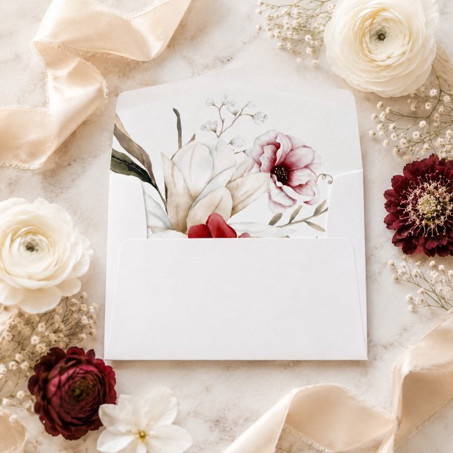 Ivory Burgundy Floral Wedding Envelope (Ivory Burgundy Floral Wedding Envelope)