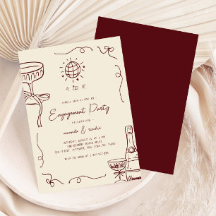Ivory & Burgundy Fun Hand Drawn Engagement Party Invitation