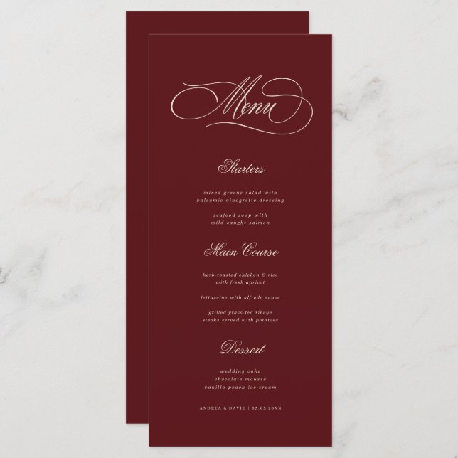 Ivory & Burgundy Old Money Aesthetic Retro Wedding Menu (Front/Back)