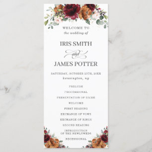 Ivory Burgundy Orange Floral Wedding Program