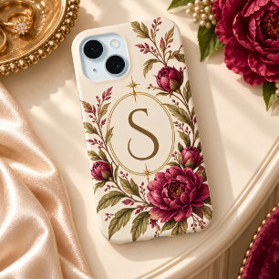 Ivory Burgundy Peony Botanical Monogram iPhone 15 Case