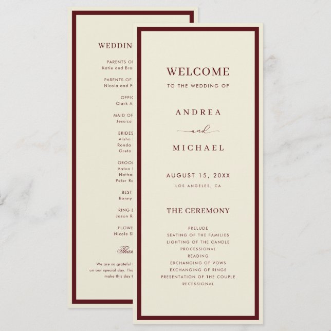 Ivory & Burgundy Retro Vintage Old Money Wedding Program (Front/Back)