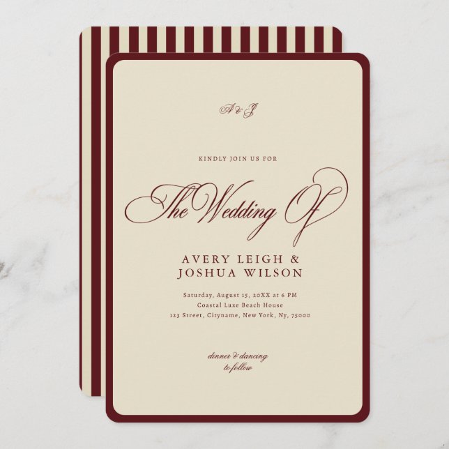 Ivory & Burgundy Stripes Border Retro Wedding Invitation (Front/Back)