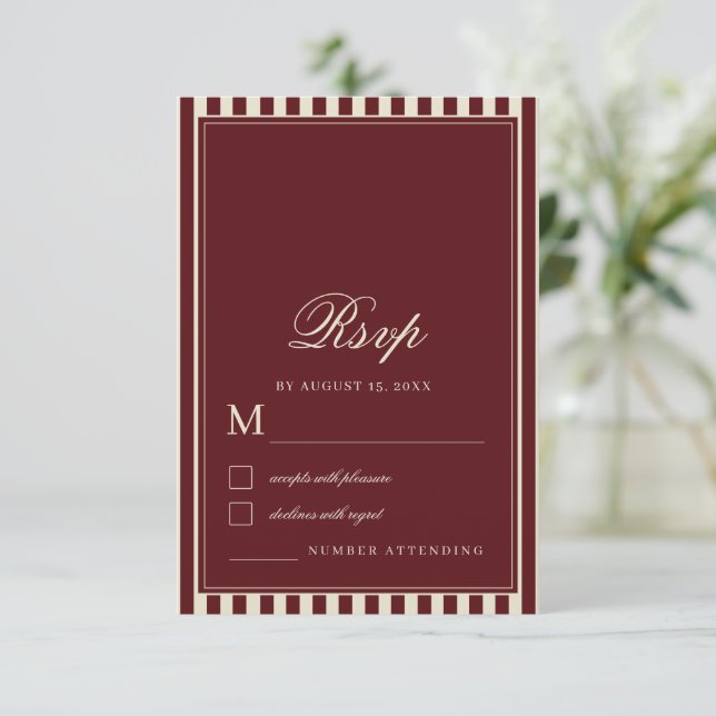 Ivory & Burgundy Stripes Border Retro Wedding RSVP Card (Standing Front)