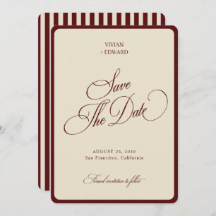 Ivory & Burgundy Stripes Border Retro Wedding Save The Date