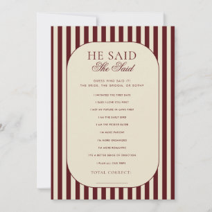Ivory & Burgundy Stripes He Said She Said Game Invitation