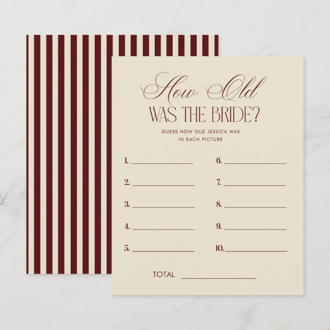 Ivory Burgundy Stripes How Old Was The Bride Game (Front/Back)
