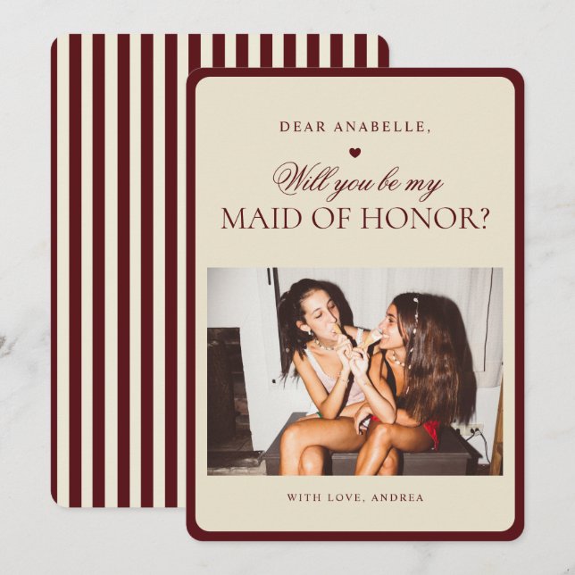 Ivory Burgundy Stripes Maid of Honor Proposal Card (Front/Back)
