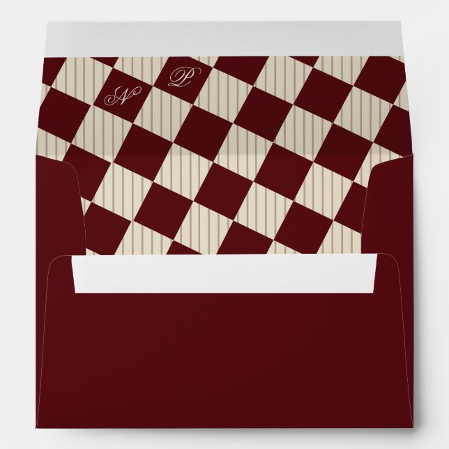 Ivory Burgundy Stripes Monogram Retro Wedding Envelope (Back (Bottom))