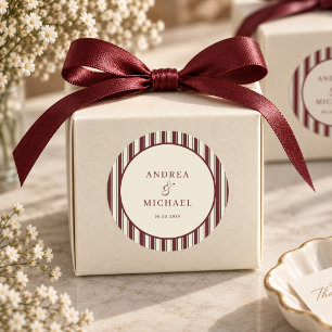 Ivory & Burgundy Stripes Retro Custom Wedding Classic Round Sticker