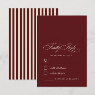 Ivory & Burgundy Stripes Retro Old Money Wedding RSVP Card