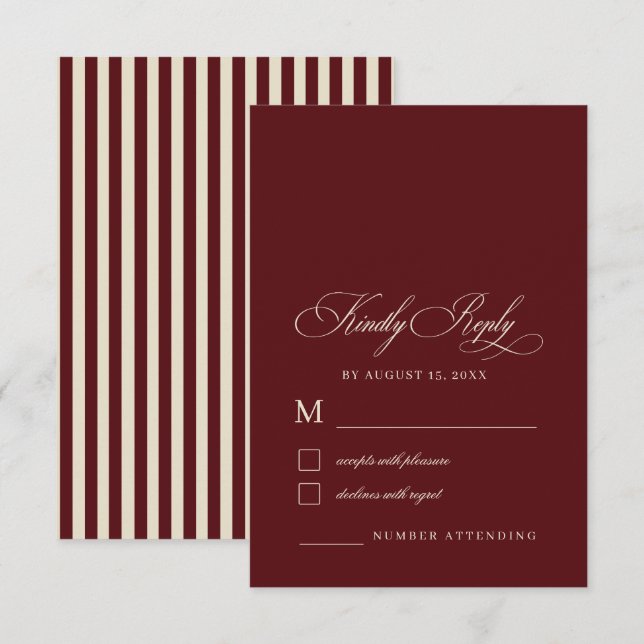 Ivory & Burgundy Stripes Retro Old Money Wedding RSVP Card (Front/Back)