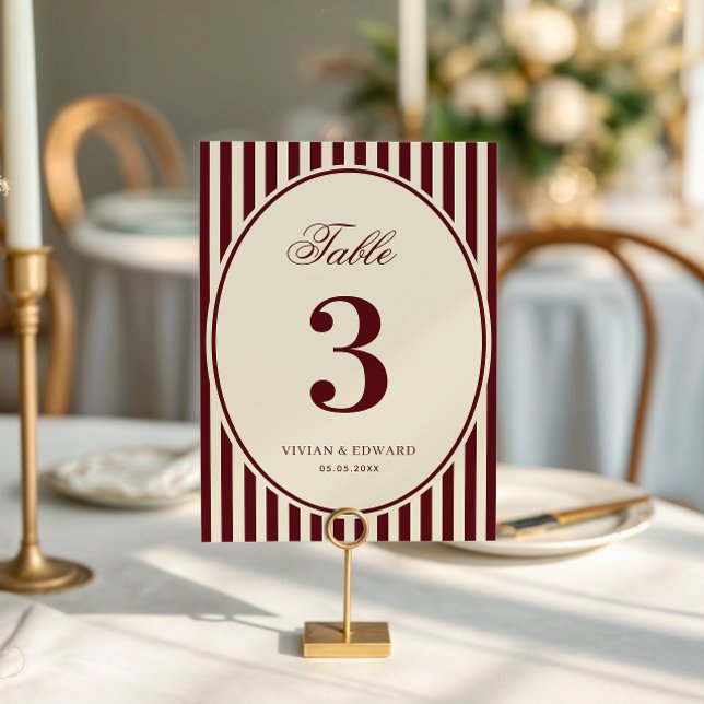 Ivory Burgundy Stripes Retro Wedding Table Number (Creator Uploaded)