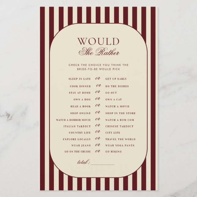 Ivory & Burgundy Stripes Would She Rather Game (Front)