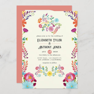 Ivory & Burnt Coral Floral Mexican Fiesta Wedding Invitation