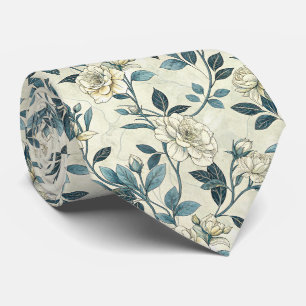 Ivory Camellia Indigo Chinoiserie Botanical Tie
