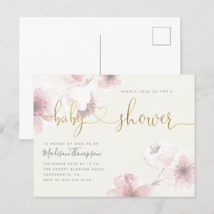 Ivory   Cherry Blossom Gold Floral Baby Shower Invitation Postcard