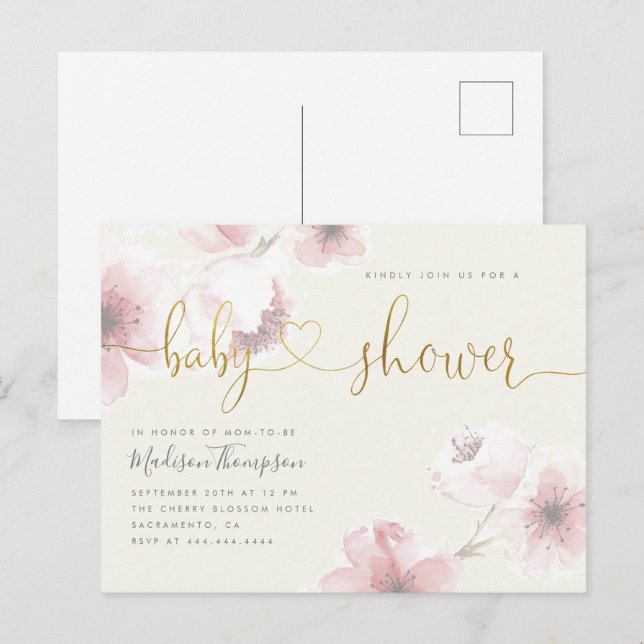 Ivory | Cherry Blossom Gold Floral Baby Shower Invitation Postcard (Front/Back)