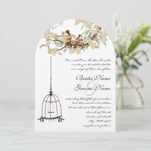 Ivory Cherry Blossom Lovebird Birdcage Wedding Invitation