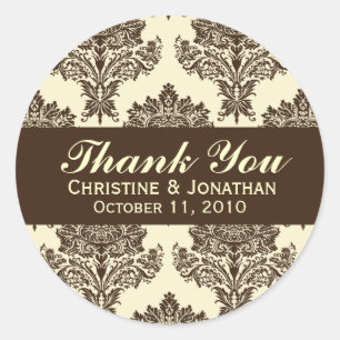 Ivory & Chocolate Damask Round Wedding Labels
