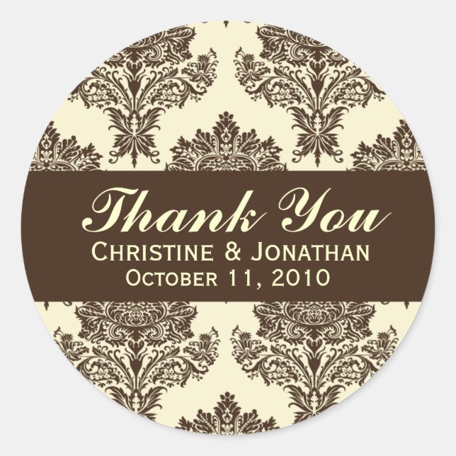 Ivory & Chocolate Damask Round Wedding Labels (Front)
