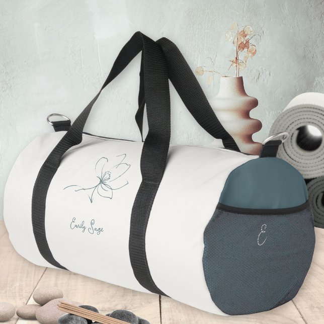 Ivory Coastal Blue Floral Line Art Minimalist Zen Duffle Bag (Minimalist Floral Line Art Zen Ivory Coastal Blue Duffle Bag ©Susanne Sachers - Sunny Wanderlust 🌞✈)