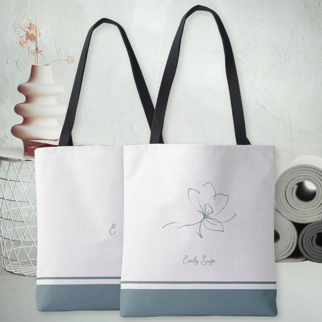 Ivory Coastal Blue Floral Line Art Minimalist Zen Tote Bag (Minimalist Floral Line Art Zen Ivory Coastal Blue Tote Bag ©Susanne Sachers - Sunny Wanderlust 🌞✈️)