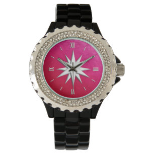 Ivory compass rose - ruby glass background watch