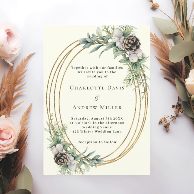 Ivory cone pine greenery gold frame wedding invitation (Creator Uploaded)