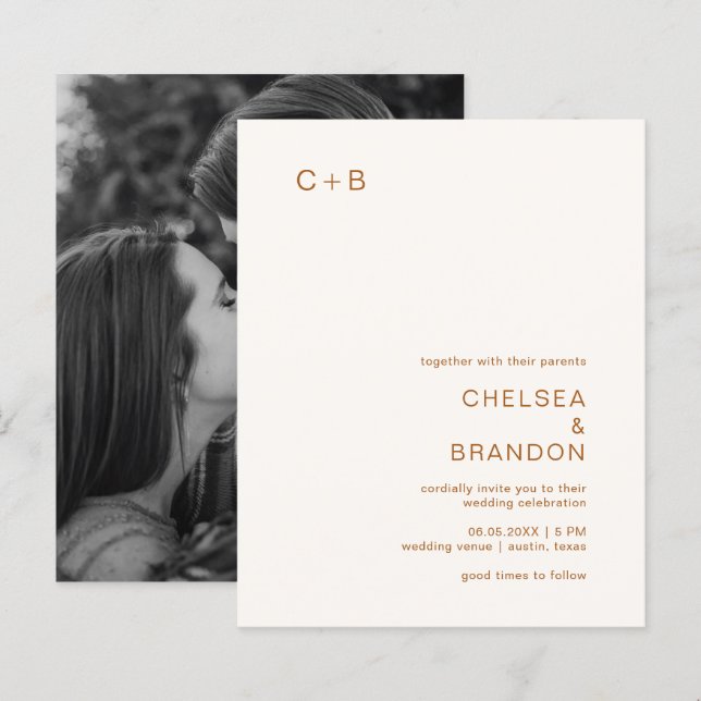 Ivory Copper Monogram Modern Budget Wedding Invite (Front/Back)