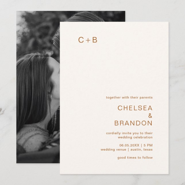 Ivory Copper Monogram Modern Wedding Invitation (Front/Back)