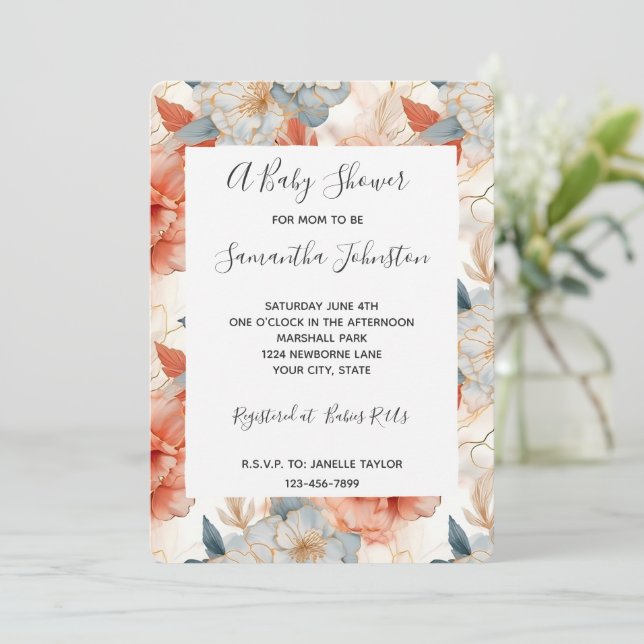 Ivory Coral Blue Floral Baby Shower Invitation (Standing Front)
