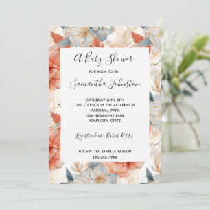 Ivory Coral Blue Floral Baby Shower Invitation