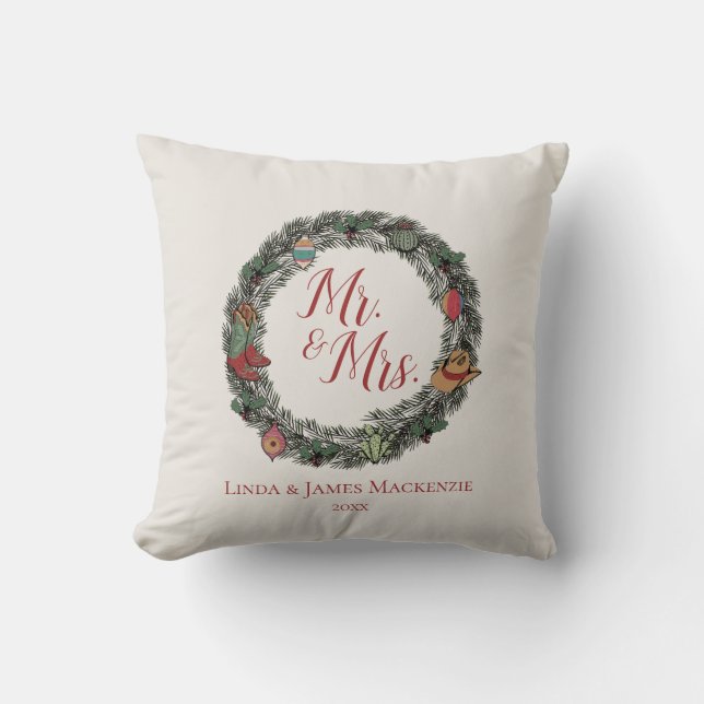 Ivory Country Wedding Mr. and Mrs. Christmas Cushion (Front)