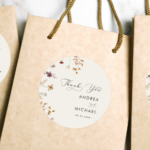 Ivory Cream Boho Fall Wildflower Wedding Thank You Classic Round Sticker